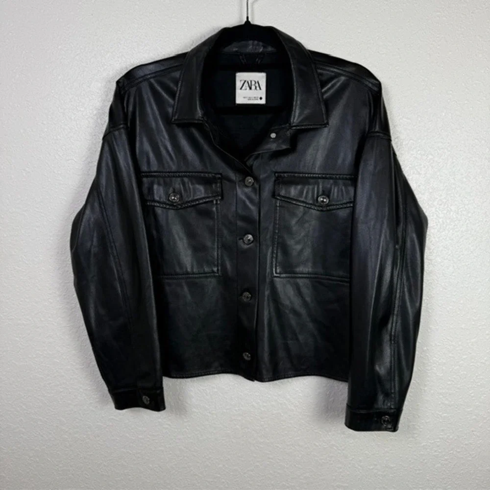 Zara Faux Leather Overshirt Jacket Button Front Pockets Super Soft Black Small